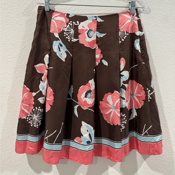 Ann Taylor LOFT 100% Silk Brown Pink Blue Oversized Floral Pleated Skirt Size 6 - Picture 1 of 13